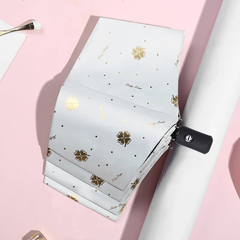 Anti-UV Clover Uv Automatic Umbrella  3 Fold Woman clear Umbrella Folding Sunscreen  Sunny Umbrella with Custom logo