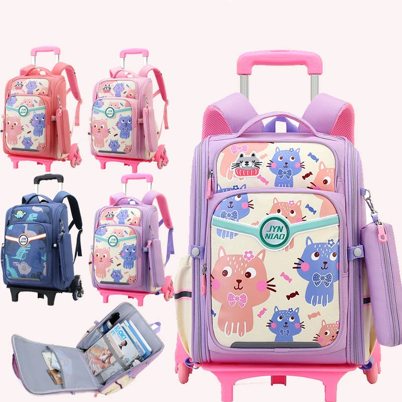 Kids Cartoon Detachable Children Wheeled Girls School Bag With Wheel Trolley Backpack