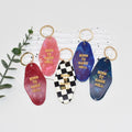 Customised Engraved BORN to RAISE HELL Letter Acrylic Hotel Keychain Checkered Stripes Motel Acrylic Keychain