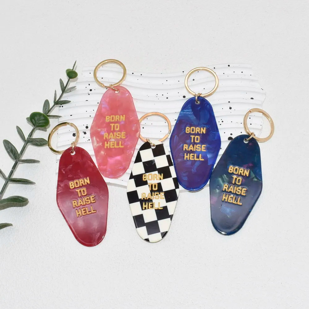 Customised Engraved BORN to RAISE HELL Letter Acrylic Hotel Keychain Checkered Stripes Motel Acrylic Keychain