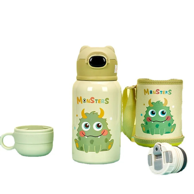 Children Double Wall 500ml 600ml  Stainless Steel 304 Drinking Bottle with Straw Cartoon Monster Vacuum Cup for Student