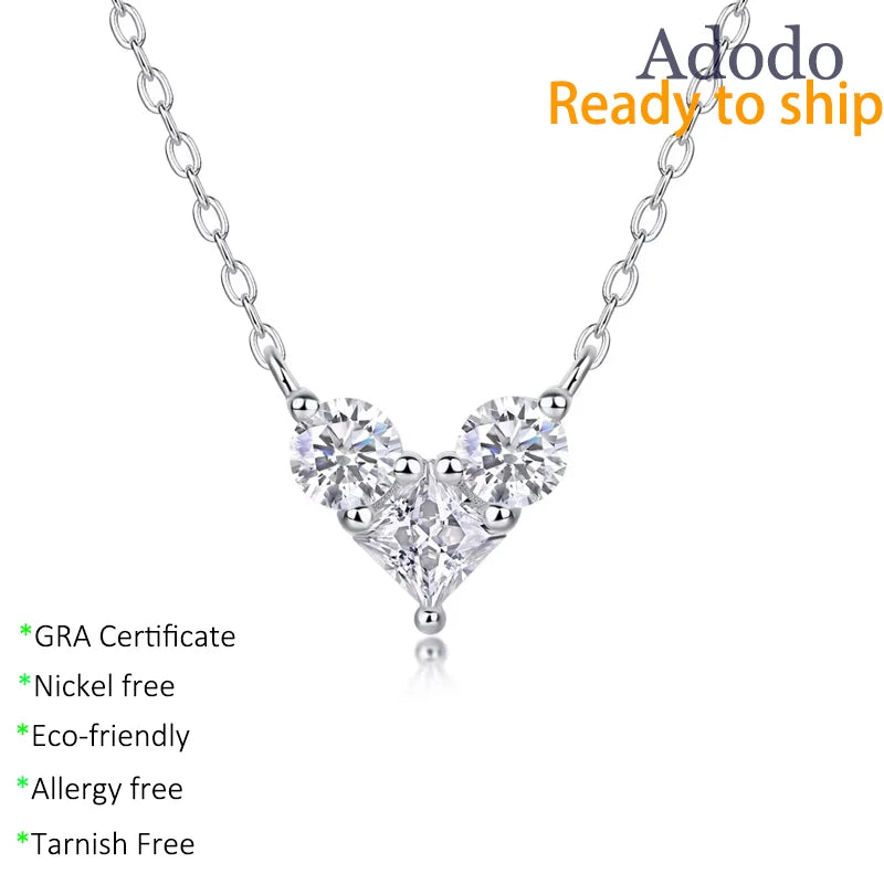 Adodo Jewelry Fine 1Carat Geometric Full GRA VVS1 Moissanite Heart Pendants 925 Sterling Silver Chokers Necklaces for Women Gift