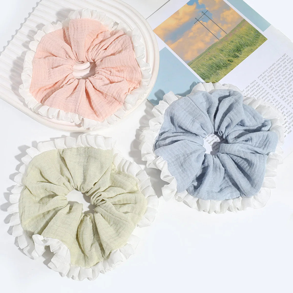 Fresh and Light Cotton and Linen Chiffon Pleated Lace Large Intestine Ring Sweet Girl's Hair Tie Princess Hair Accessory