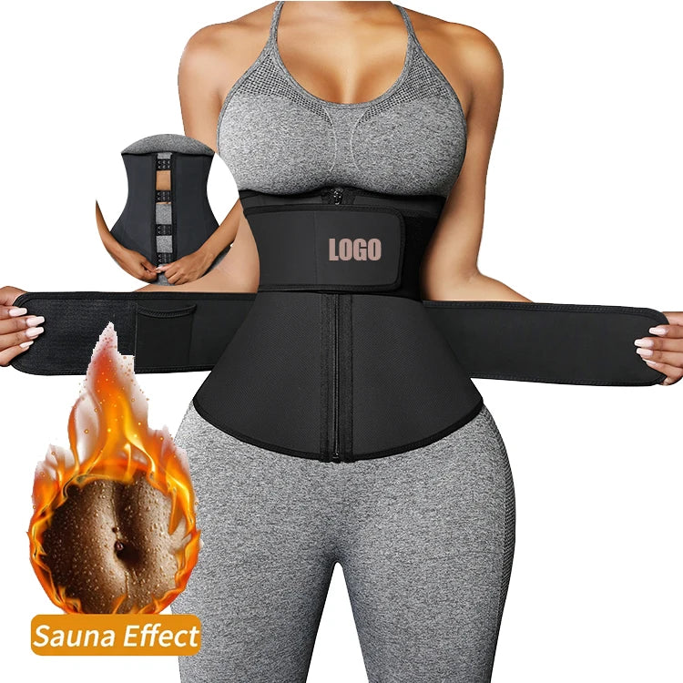HOT SALE CUSTOM LOGO Phone Pocket Custom Logo Double Belt Control Hooks and Zipper Tummy Fat Burning Latex Waist Trainer
