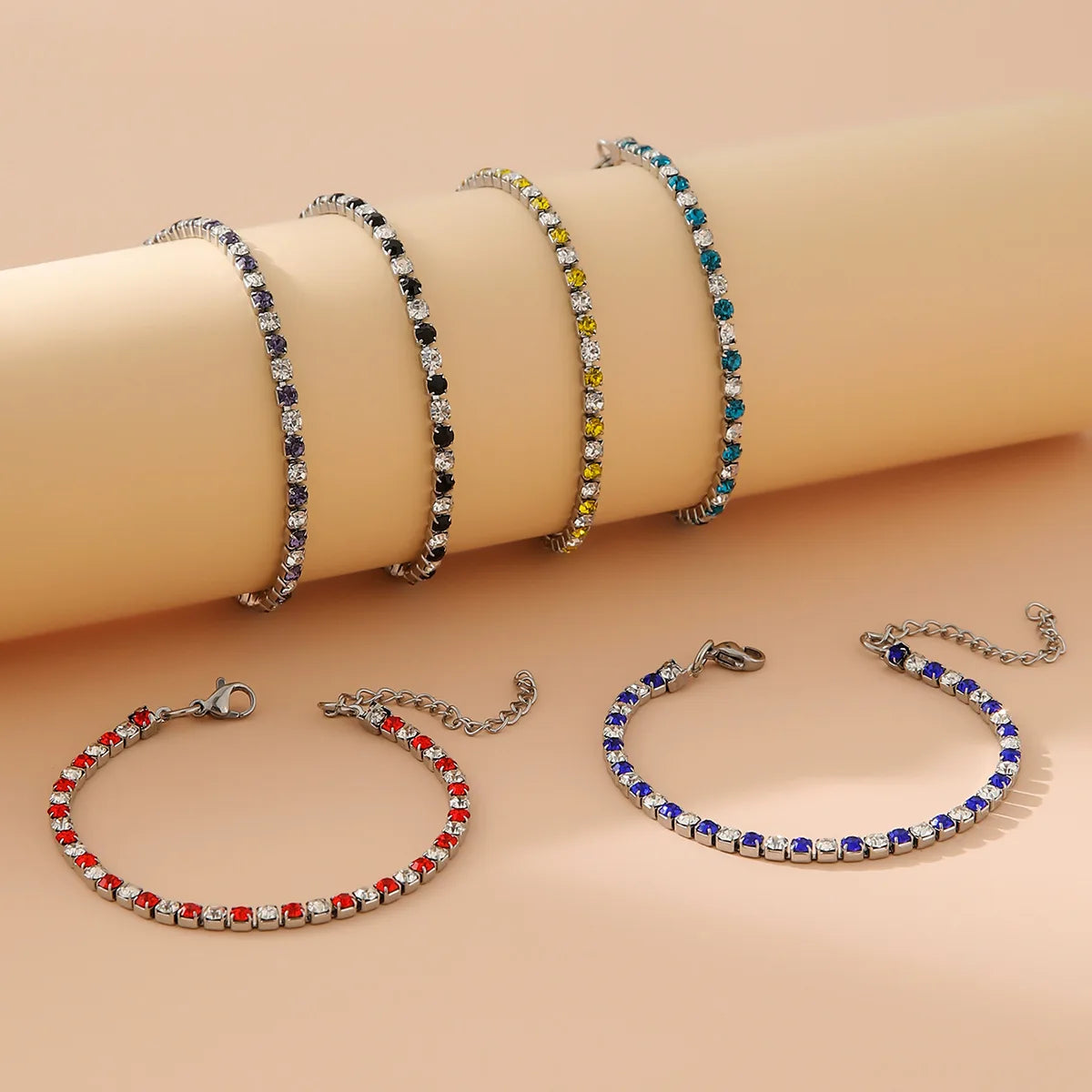 BASQUESUN New Stainless Steel 3MM Diamond Set Multi Color Tennis Bracelet