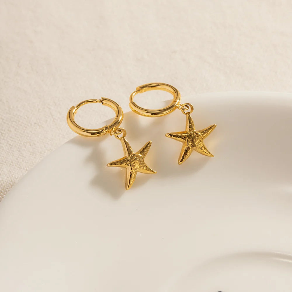 Aretas 18K Gold Stainless Steel French Vintage Ins Earrings Trendy Starfish Pendant Hoop Diamond Non-Fading Parties