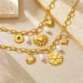 Vintage Stainless Steel Flower Sun Heart Charm Bracelet Non Tarnish 18k Pvd Gold Plated Chain Bracelet for Women