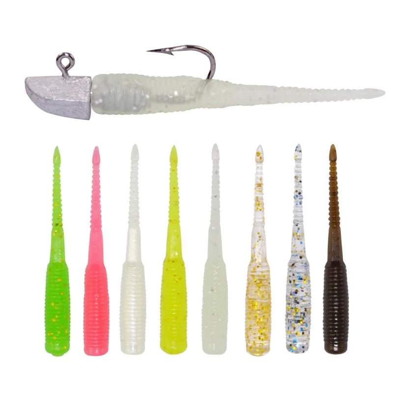 Fishing Lure Suit 19pcs Soft Lure Set Straight Tail TPR Rock Fishing Plastic Soft Worm Jig Hook Root Fishing Lure Soft Bait Set