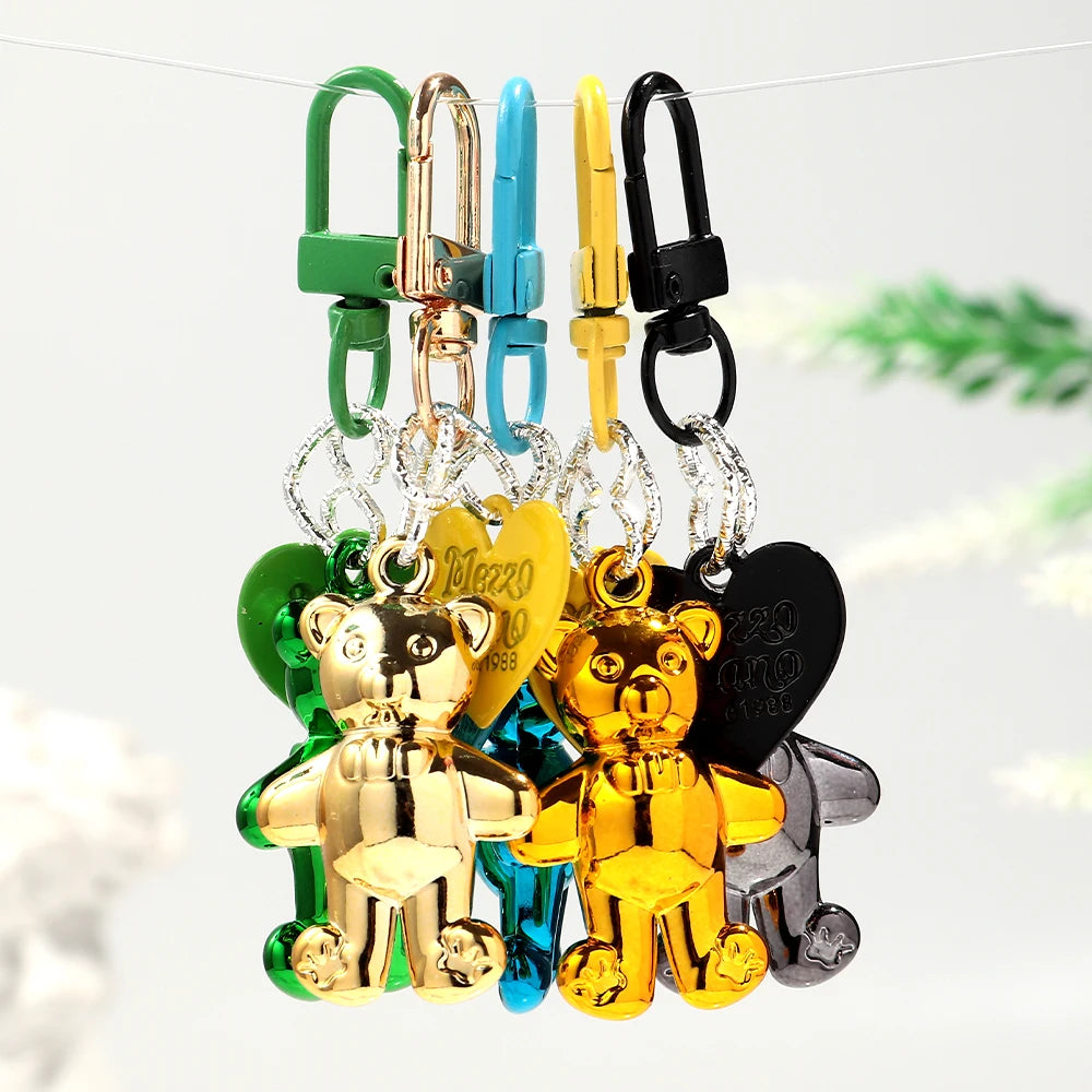 Fashion Colorful Metallic Teddy Bear Pendant Keychain Cute Backpack Pendant Love Heart Teddy Bear Keyring