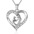 925 Sterling Silver Heart Shaped Mothers Son Concentric Pendant Necklace Diamond Cz Mom Jewelry for Mothers Day