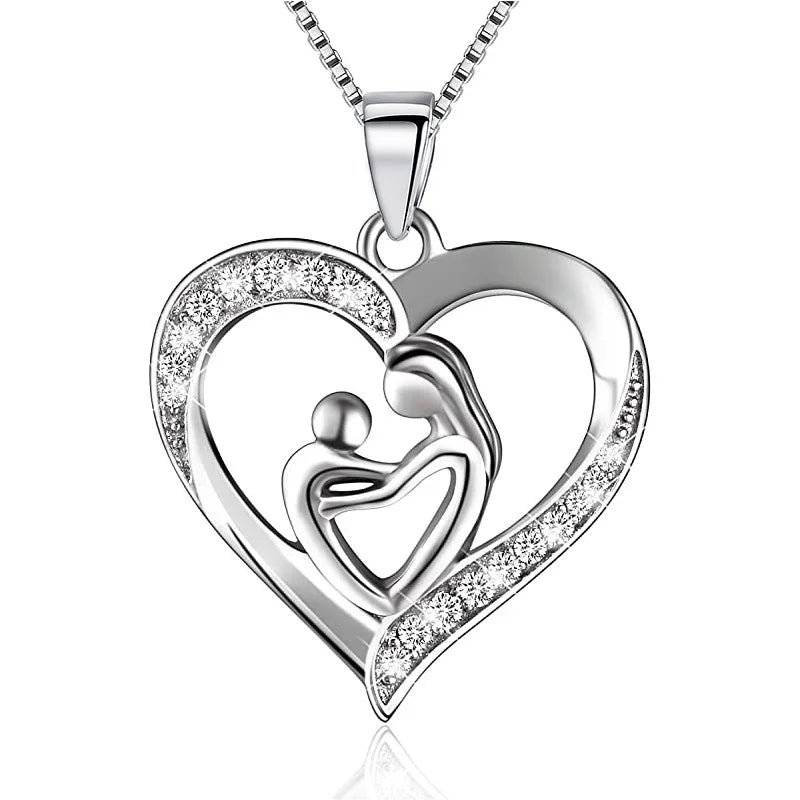 925 Sterling Silver Heart Shaped Mothers Son Concentric Pendant Necklace Diamond Cz Mom Jewelry for Mothers Day