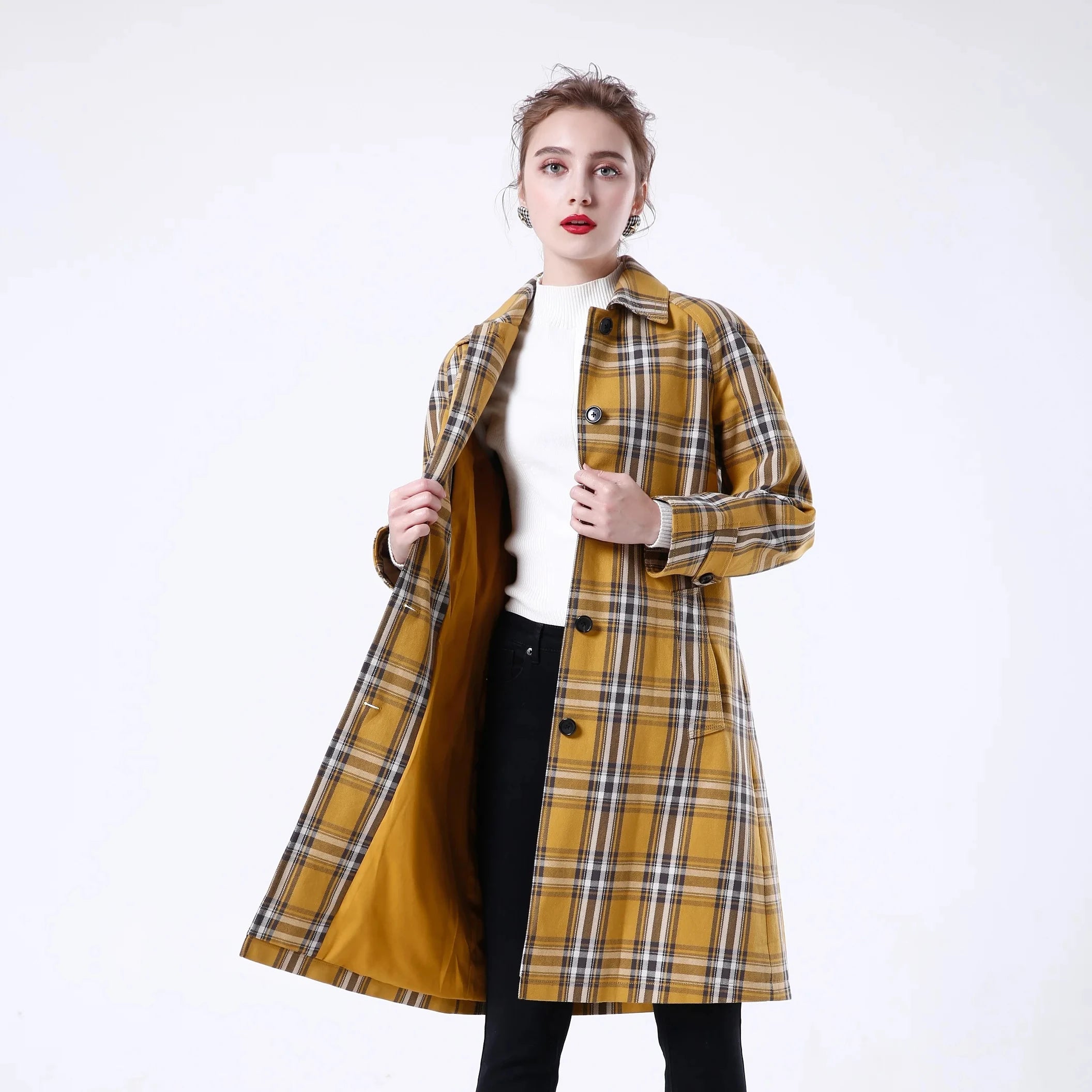 2023 Bosha Women's Custom Yellow-Brown Plaid Windbreaker Long Spring Coat for Autumn Casual Style With Buttons