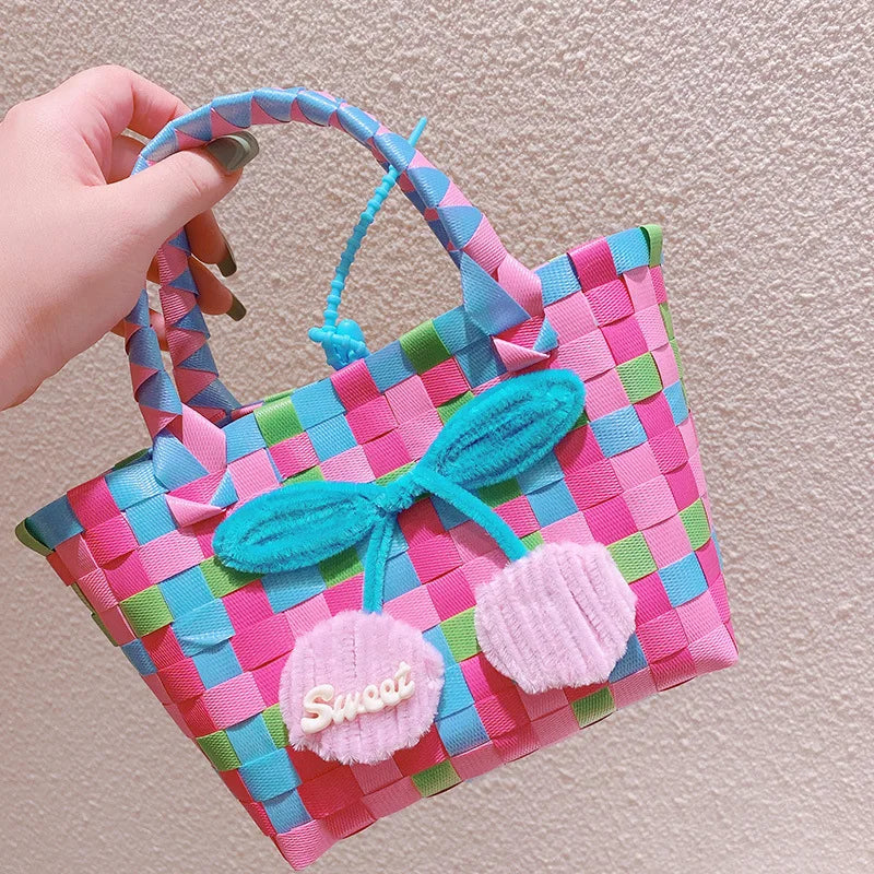 Colorful PVC Woven Mini Children Bag With Cute Cherry Beach Bag Handle Tote Bag