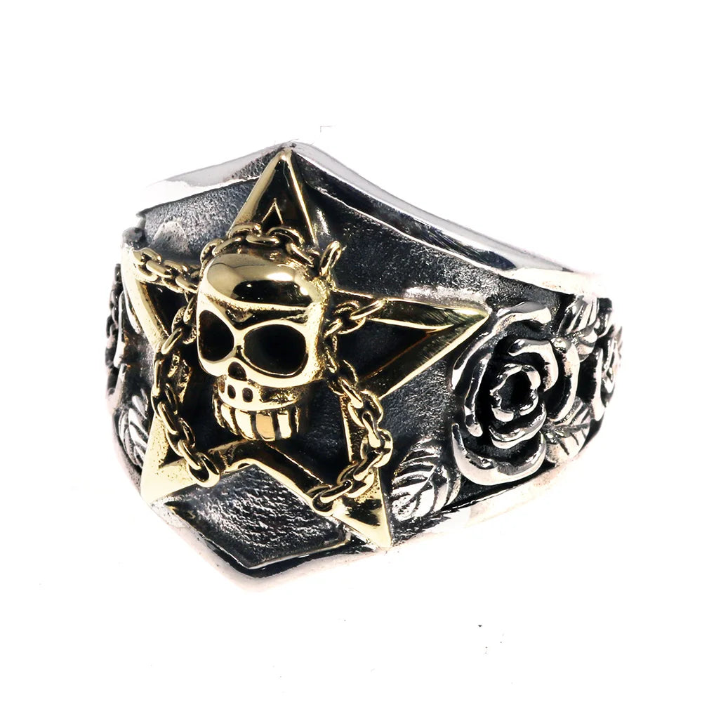 Real Pure 925 Sterling Silver Viking Ring Skull With Pentagram Gothic Punk Rock Rose Flower Carving Resizable for Men and Women