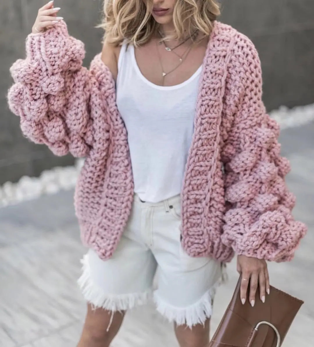 Custom Autumn Winter Coat Handmade Crochet Sweater Women's Long Lantern Sleeve Cardigan