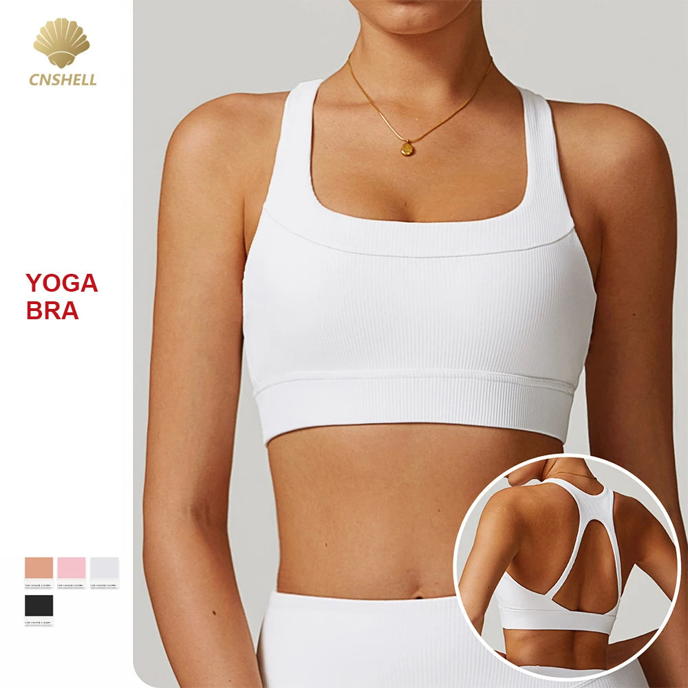 CNSHELL Custom Logo Nylon Ribbed Beautiful Back Wide Shoulder Straps Yoga Workout Gym Fitness Sports Bra