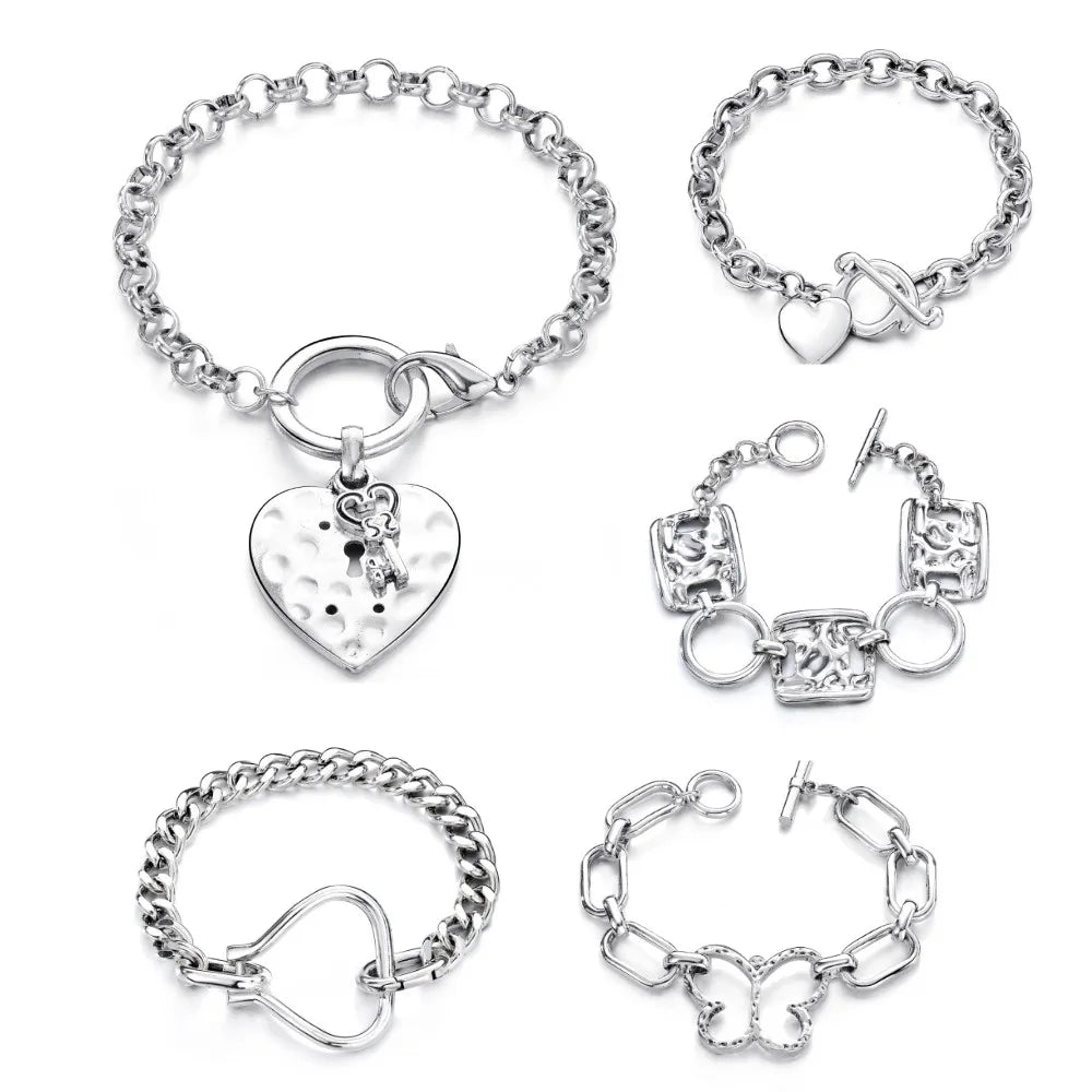 New Vintage Retro Silver Punk Cuban Geometric Chain Bracelet for  Men Women Hip Hop Goth Charm  Heart Bracelets Jewelry Gift