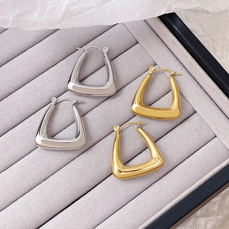 Stainless Steel Gold Color Geometric Square U Shape Hollow Inside Chunky Hoop Earrings