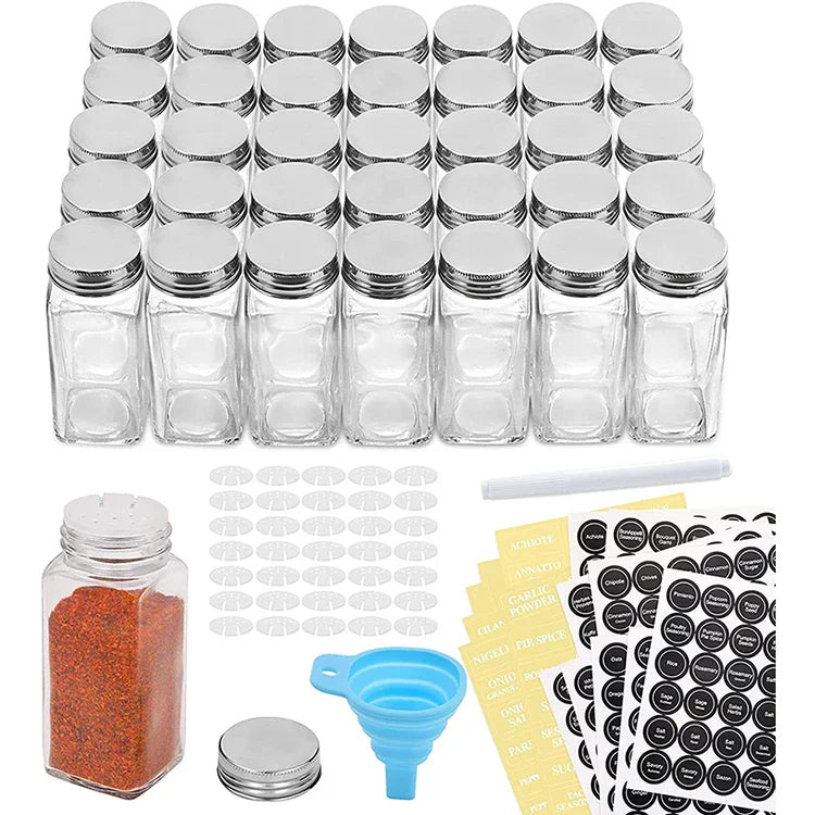 48 Pcs/Set Wholesale 120ml 4 oz Square Clear Glass Spice Seasoning Condiment Bottle SetsGlass Storage Spice Jar with Metal Lids