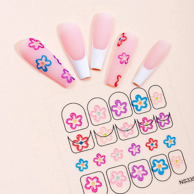 5D Embossed Flowers Nail Stickers for Women PET Material Adhesive Nail Stickers for Acrylic Nail Designs