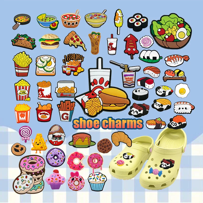 New Designer Cartoon Kawaii Sushi Panda Accessory Rubber Buckle Wholesale Fried Chicken Doughnut Desserts Clogs Shoe Charms
