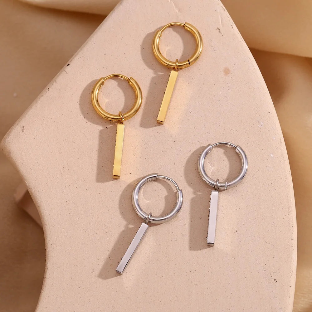Europe and America Luxury Shining Zircon Bar Drop Earring Waterproof Gold Plated Jewelry Stainless Steel Earrings