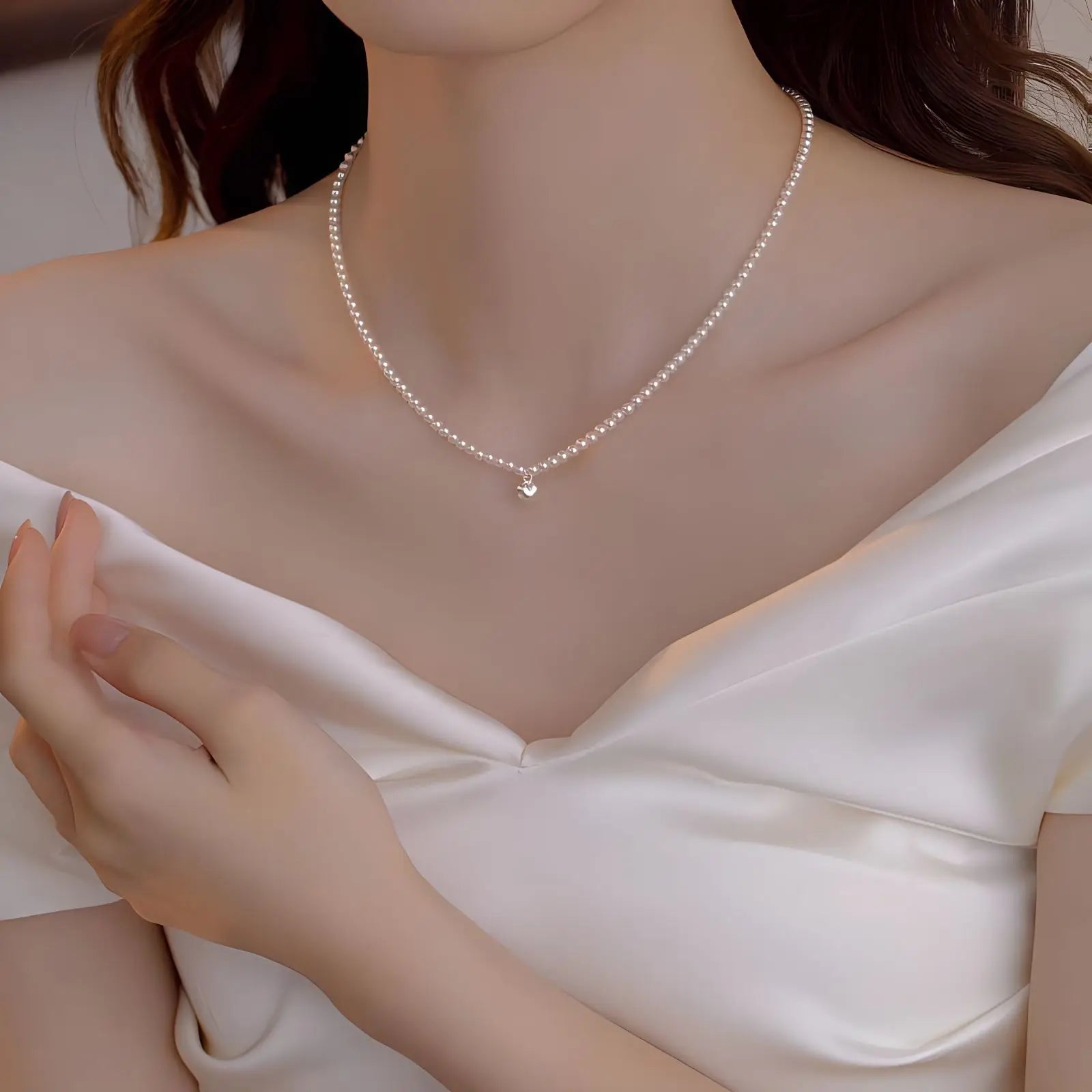 Elegant Aesthetic 925 Sterling Silver Heart Artificial Brand Pearl Beads Choker Necklace Designs Jewelry Dress to Impress Women