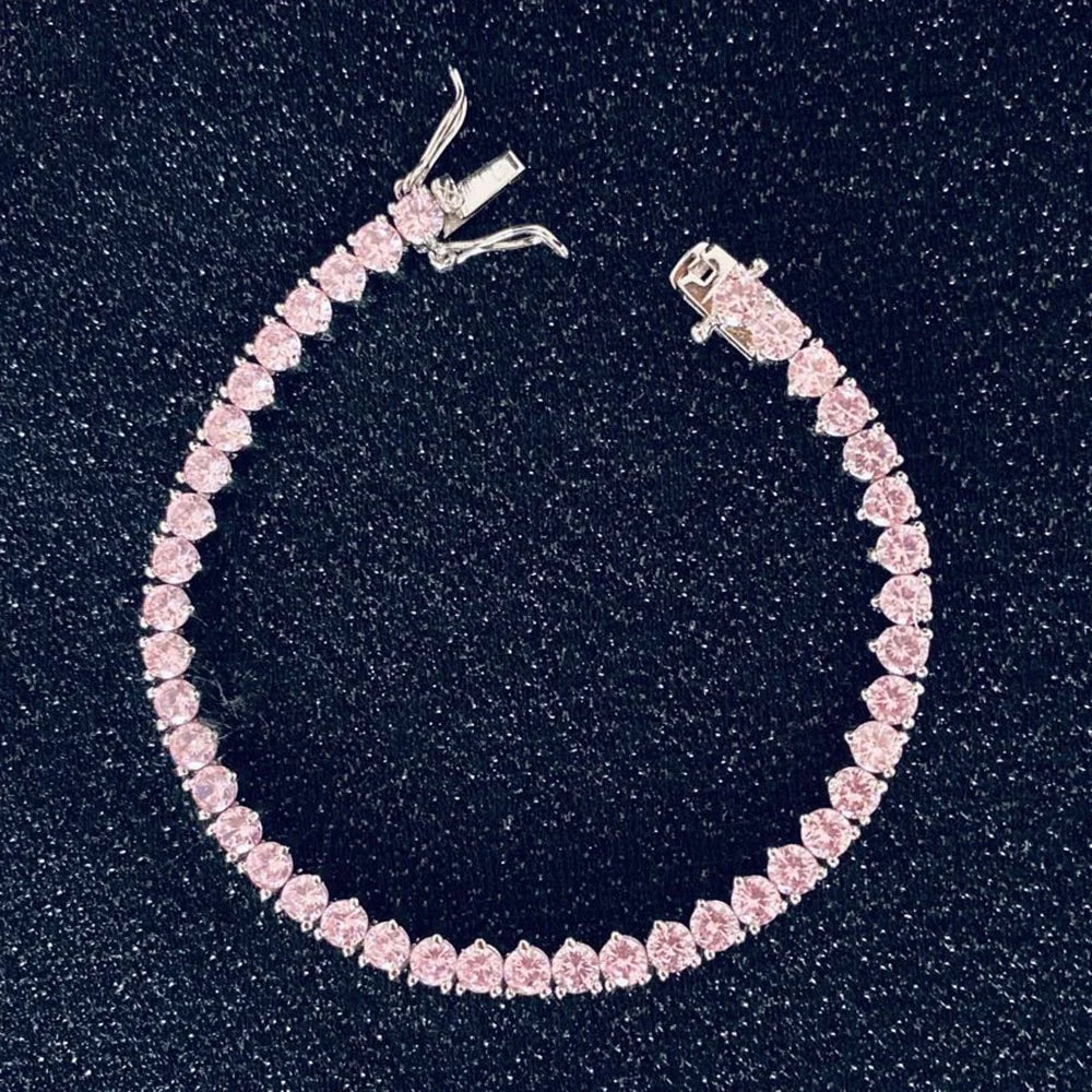 3mm 4mm Tennis Chain Bracelet Pink Zircon Gold Plated Copper Hip Hop Jewelry for Men Women Multi Size Color Wholesale Custom