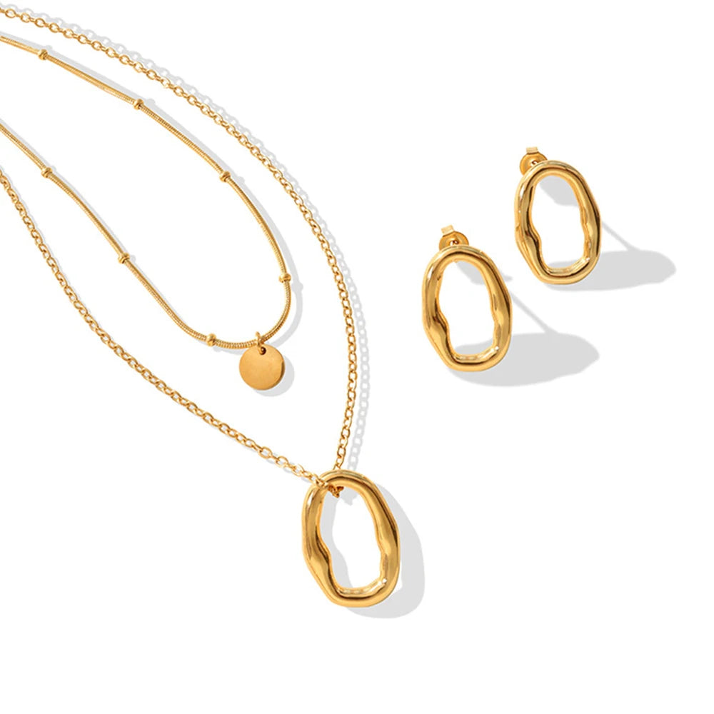 Gold Color Plated Stainless Steel Oval Geometric Irregularity INS Hot Sale Pendant & Pair Stud Earrings (SET)