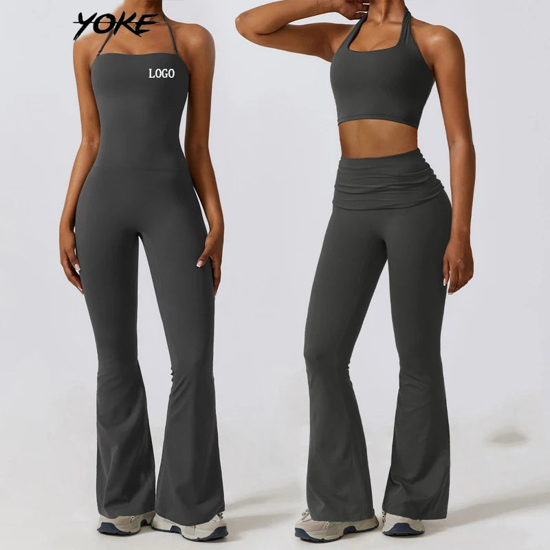 YOKE New Backless High Elastic Fitness Active Yoga Jumpsuit Adjustable One Piece Flared Pants Sets Sports Yoga Wear