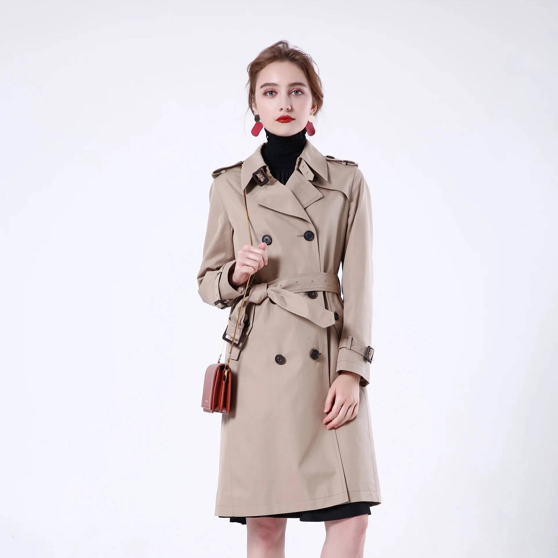 Trench Coat for Women Customized Design With Double Breasted Closure Casual Style for Autumn Khaki Cotton 1 Piece