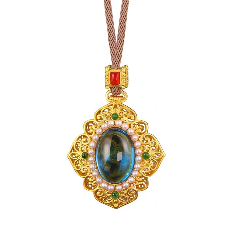 Copper-Plated Gold Enamel Ocean Heart Pendant Women's Classical Retro Necklace Alluvial Gold Simulation Gold Pendant Jewelry