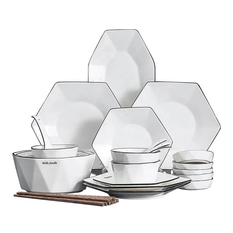 Diamonds Black Line Porcelain White Dinnerware Bowls Dishes Set Nordic Style Market Ceramic Tableware Sets