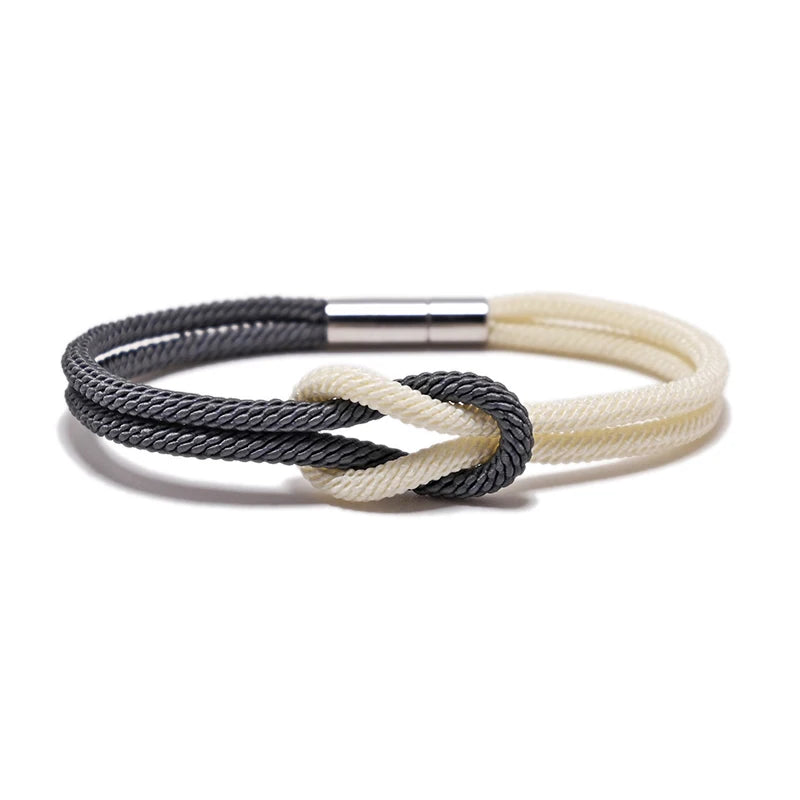 HCC008 Twill Rope Grey and Beige Lucky Friendship Double Knot Hand Made Bangle Best Friend Gift Ethnic Mahjong Pattern Unisex