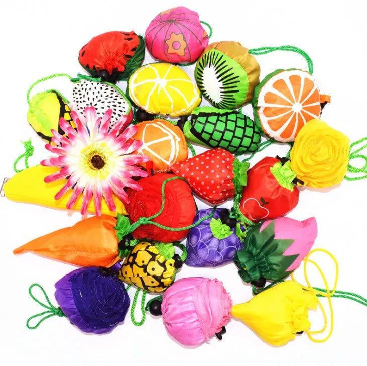 Reusable Grocery Bags Foldable Polyester Shopping Tote Bags Multi Kinds Attractive Fun Fruit & Veggie Shopping Bag with Handle