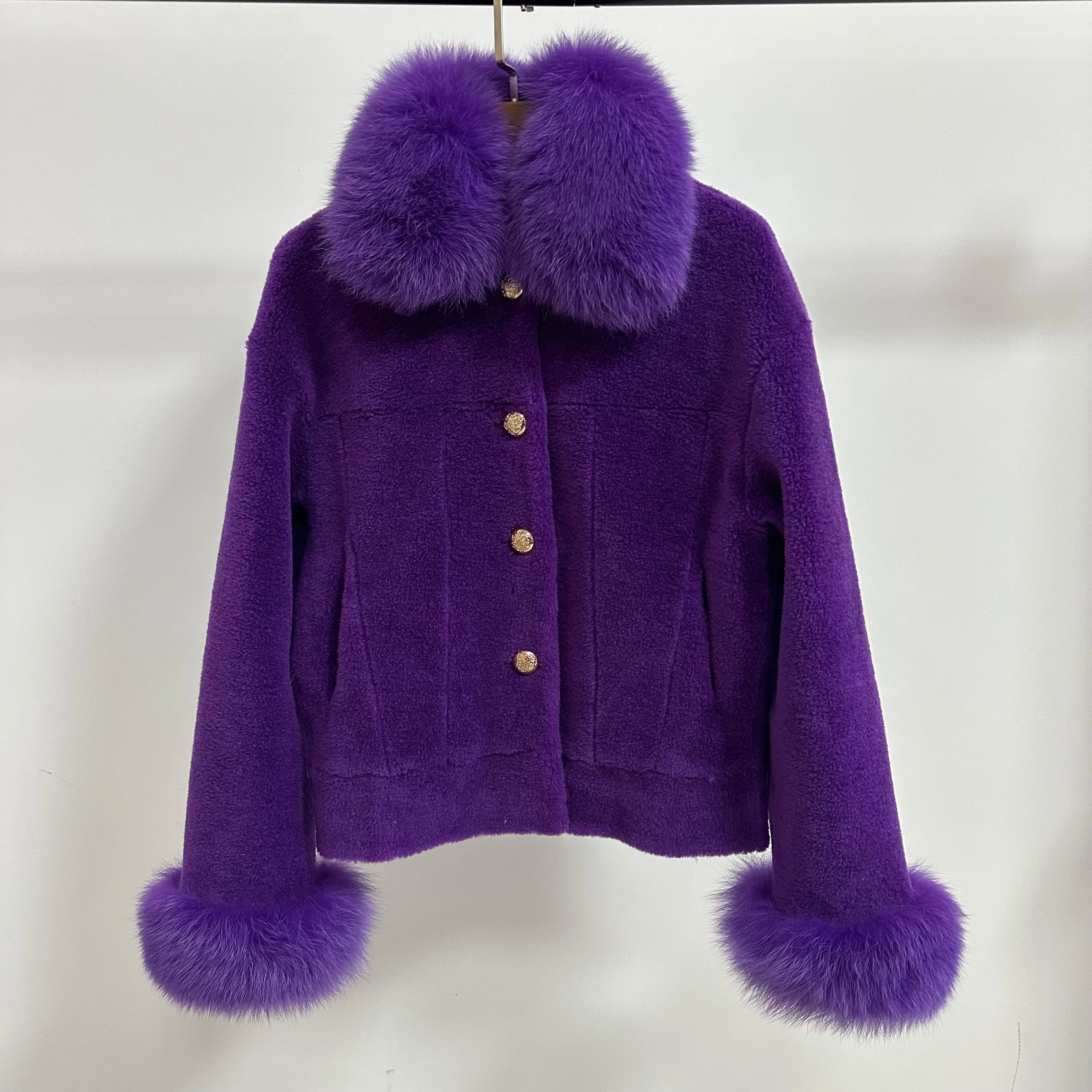 Trendy Women Real Wool Sheep Shearling Fur Coat Short Genuine Fox Fur Collar Winter Pile Fleece Jacket
