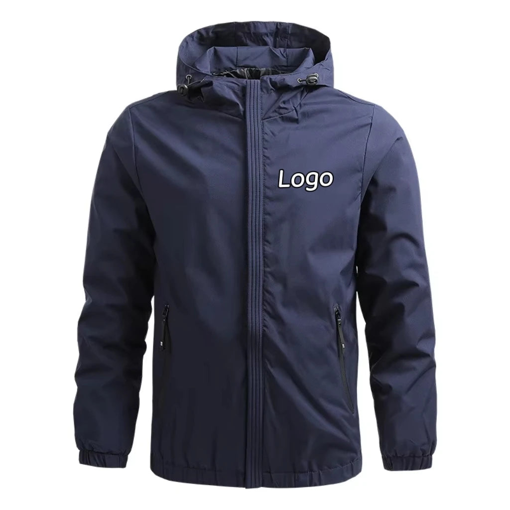 Customized Men's Autumn Windproof Hooded Jacket with Stand Collar Waterproof Rainproof Zipper Pockets Casual High Street Style