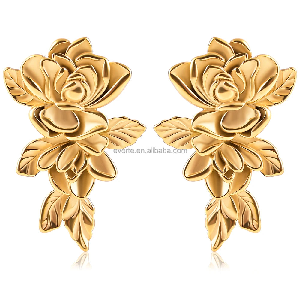 Evorte New Stainless Steel Flower Ear Hanger Chunky Dangle Weights Cool Ear Gauges Plug Stretcher 18K Gold Plated Body Piercing