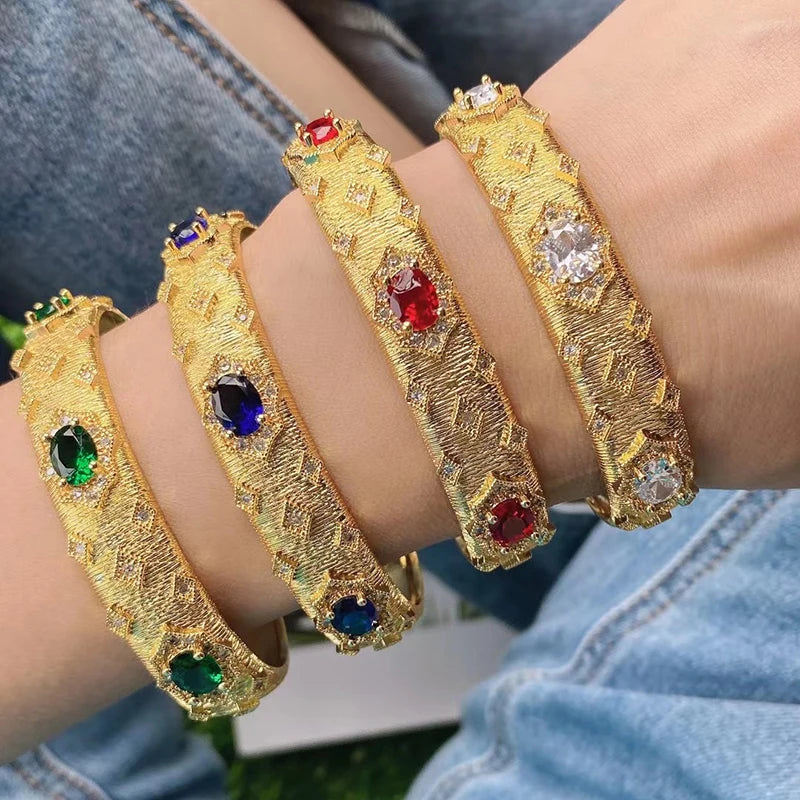 Fashion Luxury Gold Rainbow Color Rhinestone Inlay Drawing Process Bangle Open Brass Gold Bangletrendy Bangle Cuff Bracelets