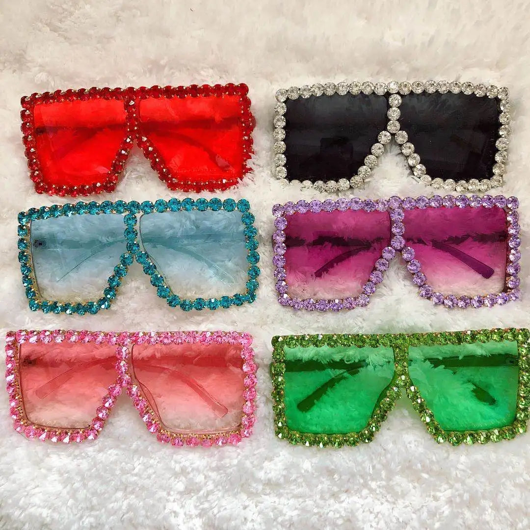 Ready to Ship Stock Fashion Sun Glasses Oversized Bling Bling Diamond Big Frame Square Glitter Rhinestone Sunglasses for Women