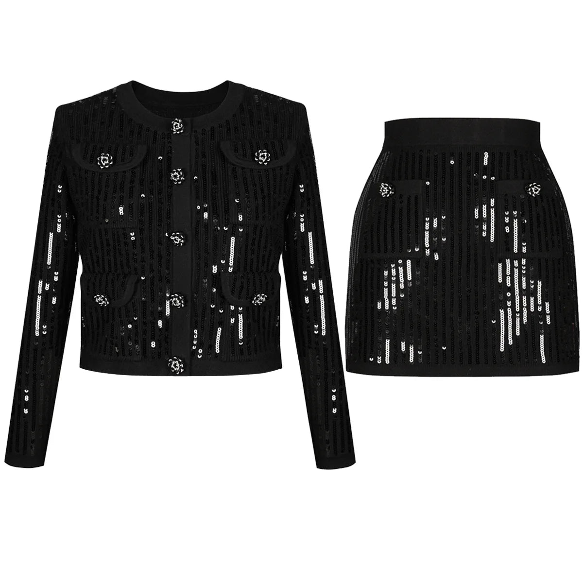 Quality Stock 2025 Vintage Women's Small Fragrance Style Top Jacket Half Body Skirt Set Sequin Knitted Spring Autumn New Heavy