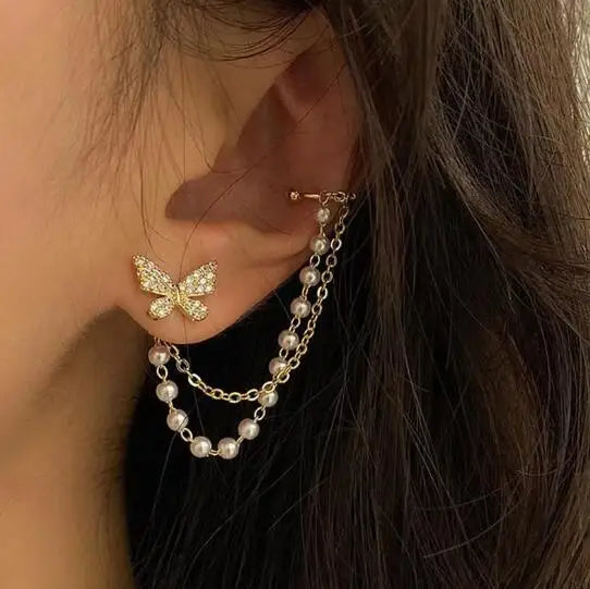 Zooying Alloy Zircon butterfly Pearl Chain Fringe Ear Bone Clip Earrings