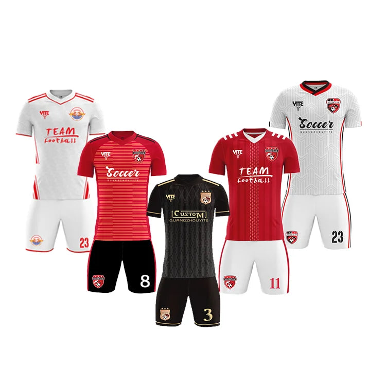 OEM Men's Football Jerseys Custom Soccer Uniforms Digital Print Breathable Short Sleeve Black Red White Soccer Club Jersey