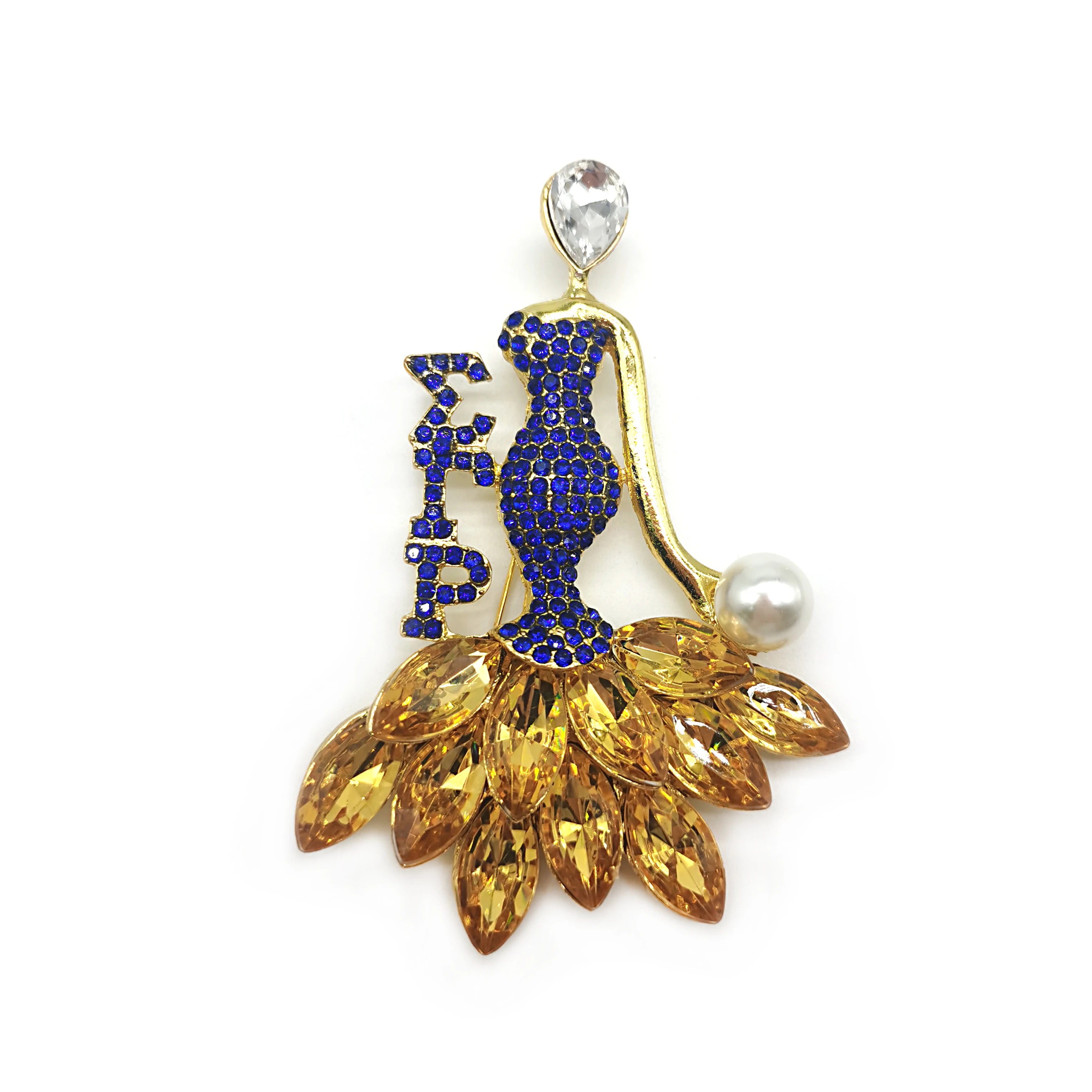 Customized Greek Sorority Brooch Sigma Gamma Rho Dance Lady Rhinestone Brooch Pin Blue and Yellow Women Jewelry Brooch