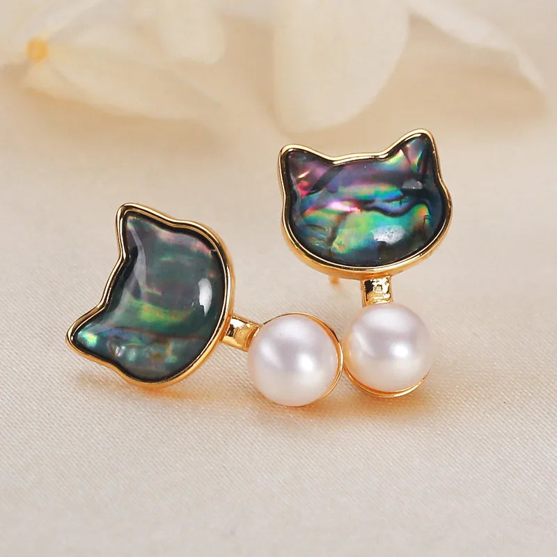 Natural Freshwater Pearl 925 Silver Needle White Black Shell cat Shaped Gold Edging Niche Design New Cute and Sweet Earrings