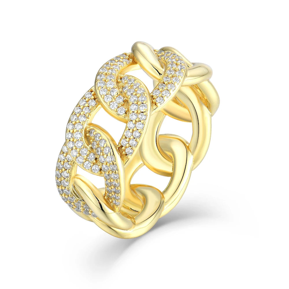 925 Sterling Silver Gold Plated Cuban Link Ring Pave CZ Chain Band Hip Hop Jewelry for Men Women