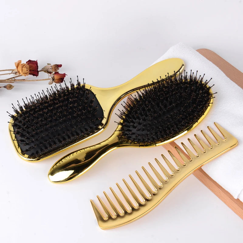 New Design 3pcs Luxury Rose Gold Electroplating Detangling Hair Extension Brush and Comb Set With Boar Bristle LOGO Custom