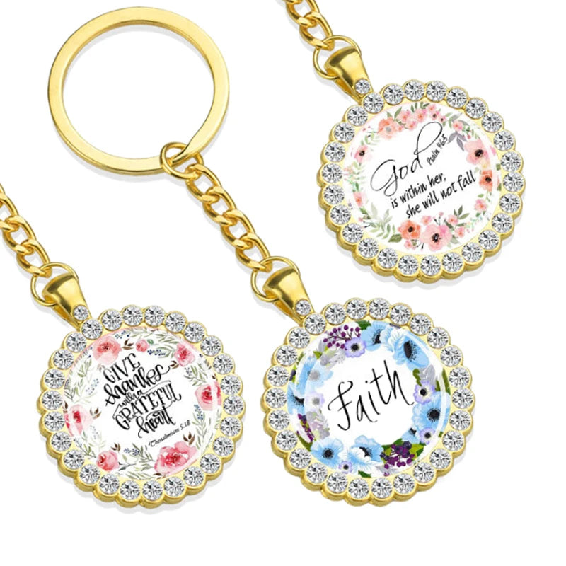 Scripture Key Chain Jewelry Christian Gifts Church Souvenir Vintage Crystal Rhinestone Golden Holy Bible Keychains