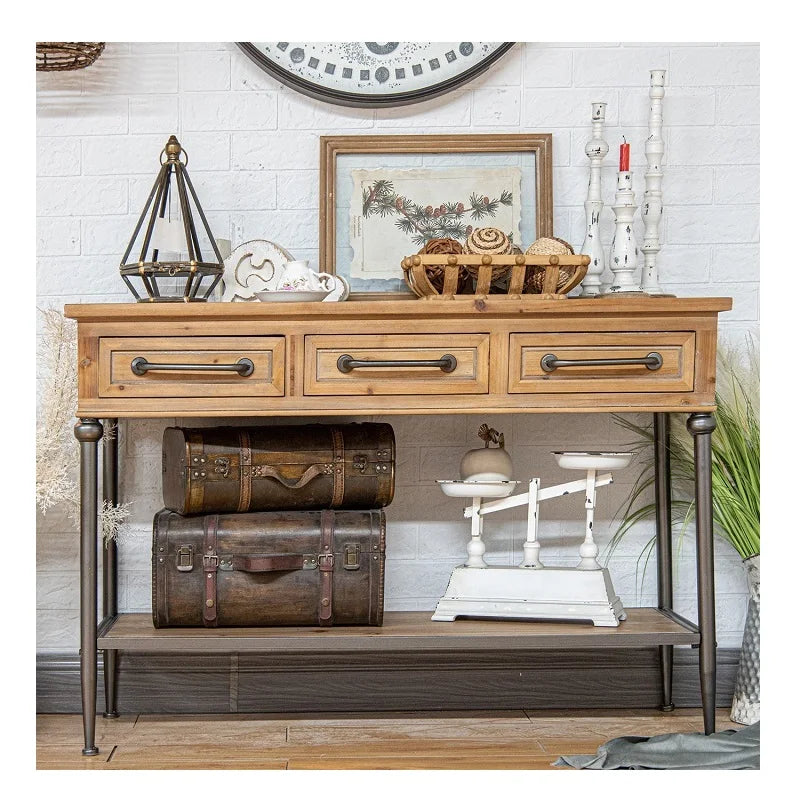 Innova Home Living Room Furniture Metal Frame Black Coated & Wooden Top Hallway Console Table Storage Corner Entrance Side Table