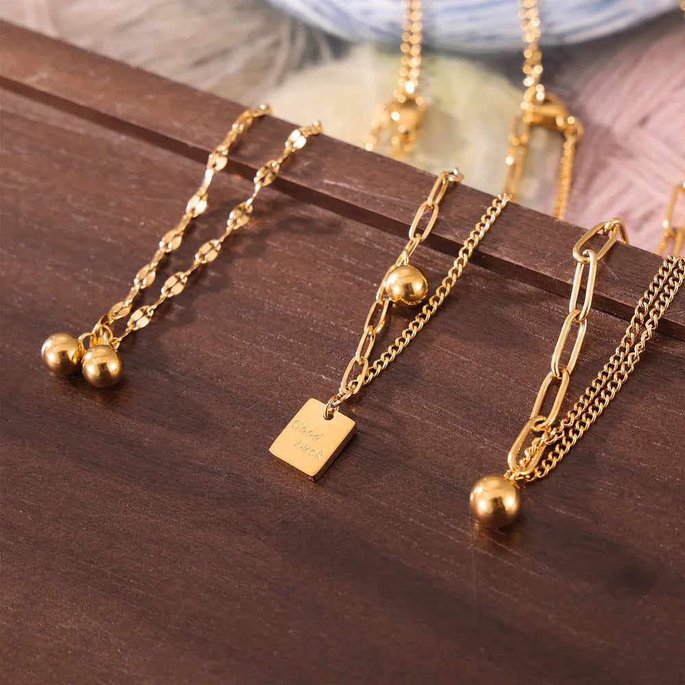 Chic Letter Luck Small Square Pendant Anklet Women's Ball Stainless Steel 18k Gold Plated Minimalist Versatile Splicing Anklet